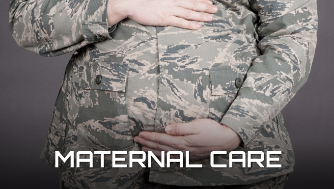 Maternal Care Banner. A picture of a pregnant airmen in uniform holding her belly.