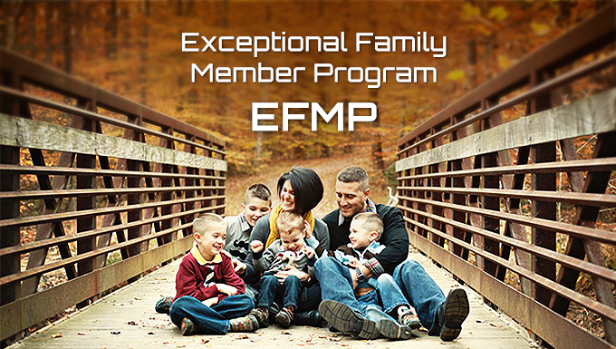 Exceptional Family Member Program Banner. A family sitting on a bridge.