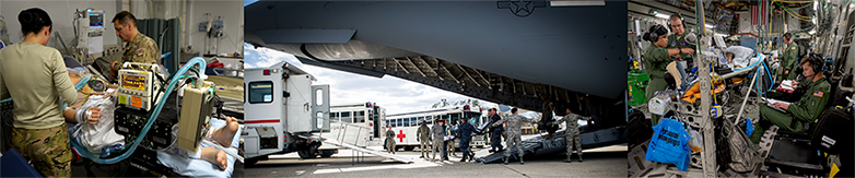 Three images focusing on AFMS Capability: Critical Care Air Transport Team Patient Journey